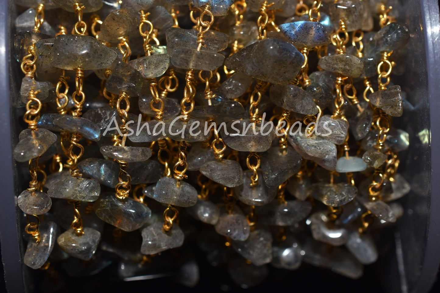 Natural Labradorite Uncut Chips Beads Rosary Chain, Gold Plated Wire Wrap Black Rainbow Nugget Beaded Chain Jewelry making Necklace Crafts