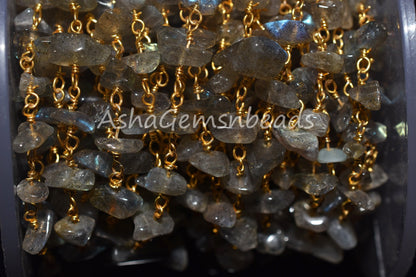 Natural Labradorite Uncut Chips Beads Rosary Chain, Gold Plated Wire Wrap Black Rainbow Nugget Beaded Chain Jewelry making Necklace Crafts