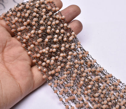 3,5,10,25 Foot,Peach Moonstone Hydro Rondelle Faceted Beaded Rosary Chain Black Metal Plated Wire,Jewelry Making,Finding,3-3.5mm,Bulk Chain
