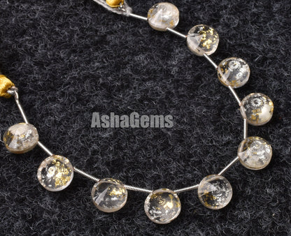 10 Pc Crystal Quartz Gold Foil Doublet Round Faceted Beads, Gold Foil Quartz Doublet Cut Stone Side Drill Beads, Gemstone Faceted Cabochons
