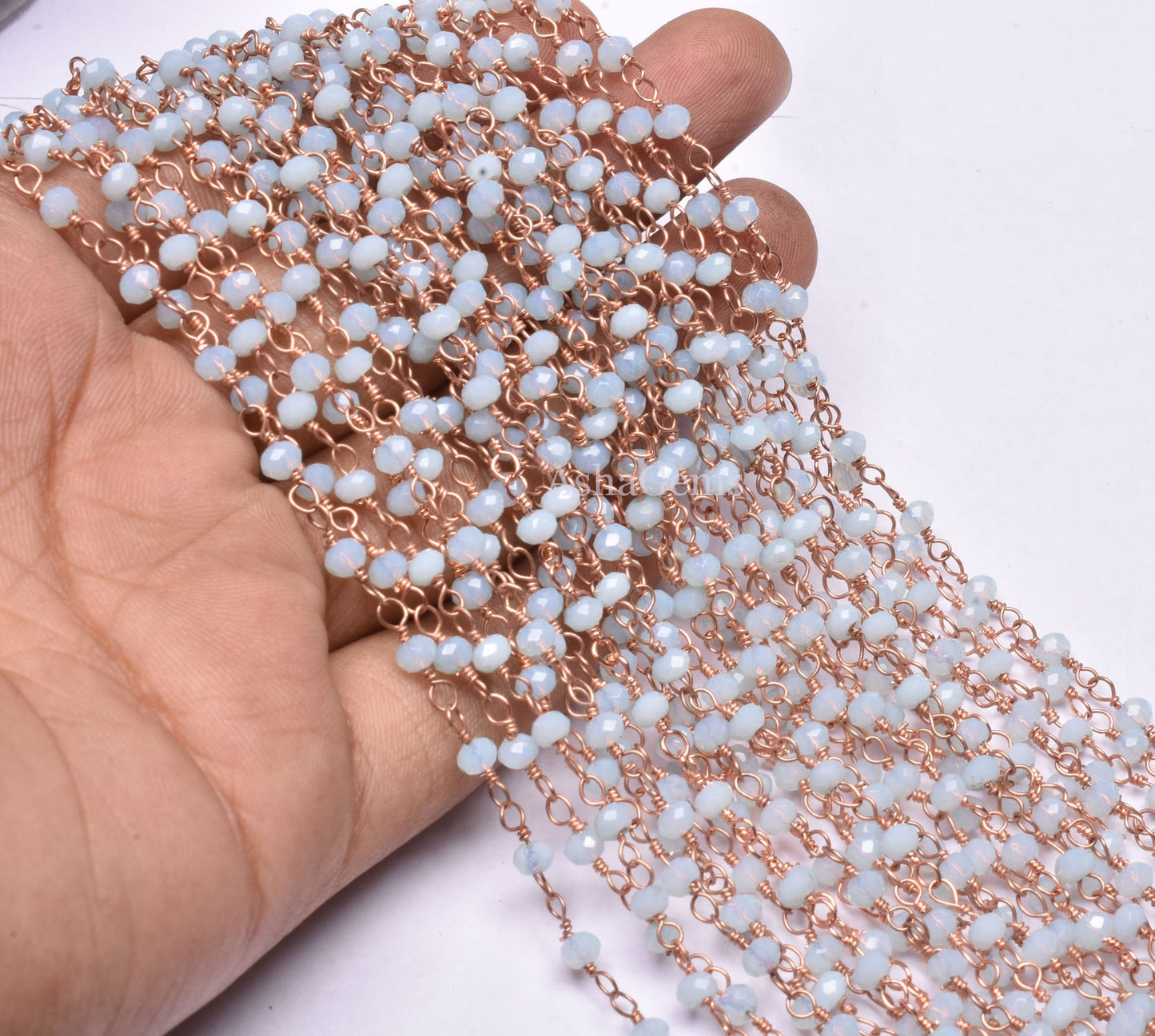 Beautiful Aqua Blue Chalcedony Hydro Beads Rosary Chain,3 mm Rose Gold Plated Wire Wrap Beaded Rondelle handmade Chain Jewelry Making Crafts