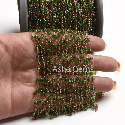 Beautiful Green Peridot Hydro Faceted Rondelle Beads Rosary Chain Rose Gold Plated Wire Wrap Handmade Chains Jewelry Making Necklace Crafts