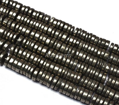 Natural Pyrite Smooth Heishi Tyre Shape Gemstone Beads, Pyrite Gemstone Beads Plain Flat Tyre Beads, Pyrite Loose Beads Jewelry Crafts SALE