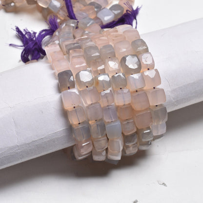 Shaded Peach Grey Chalcedony Faceted 3D Cube Box Beads,8" Fine Chalcedony Cube Gemstone Beads, Chalcedony Indian Cut Bead Jewelry Craft SALE