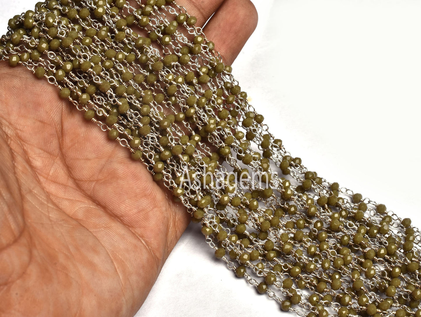 Beautiful Hina Green Jasper Hydro Beads Rosary Chain,3 mm Sliver Plated Wire Wrap Rondelle faceted Beaded Handmade Chain Jewelry Making SALE