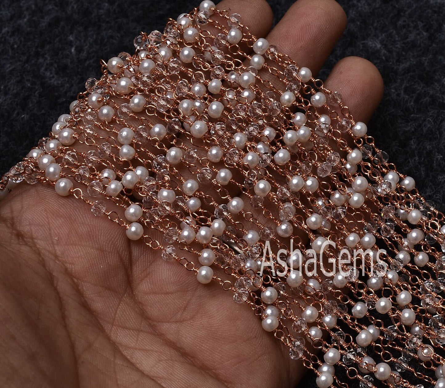 Beautiful Pearl Crystal Quartz Hydro Beads Rosary Chain, Rose gold Plated Copper Wire Wrap Faceted Beaded Chain Necklace Jewelry making SALE