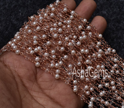 Beautiful Pearl Crystal Quartz Hydro Beads Rosary Chain, Rose gold Plated Copper Wire Wrap Faceted Beaded Chain Necklace Jewelry making SALE