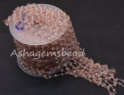 Beautiful White Crystal Quartz Hydro Faceted Rondelle Beads Rosary Chain,3mm Rose Gold Plated Copper Wire Chains Jewelry Making Rosary Chain