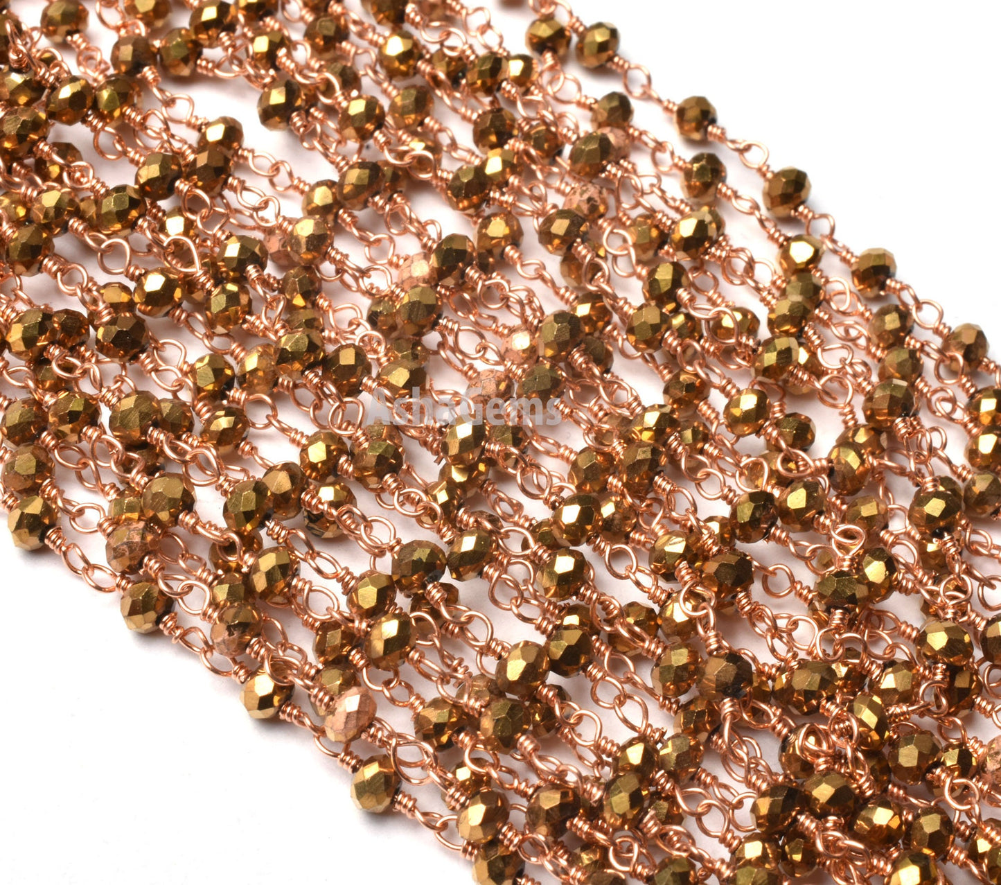 3,5,10,50 Feet Gold Pyrite Hydro Faceted Rondelle Beaded Rosary Chain,3mm,Rose Gold Plated,Wire Wrapped ,Finding,Jewelry Making,Rosary Chain