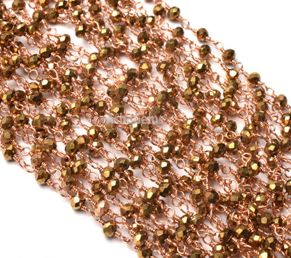 3,5,10,50 Feet Gold Pyrite Hydro Faceted Rondelle Beaded Rosary Chain,3mm,Rose Gold Plated,Wire Wrapped ,Finding,Jewelry Making,Rosary Chain