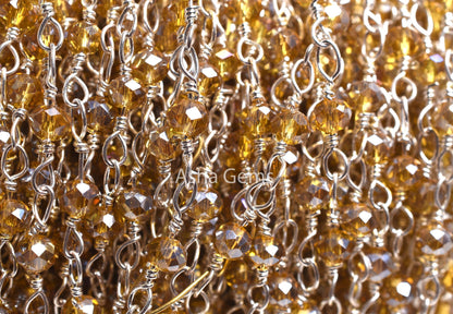 AAA Quality Brown Quartz Hydro Silver Coated Beads Rosary Chain, Silver Plated Wire Faceted Rondelle Beads handmade Chain Jewelry Craft SALE
