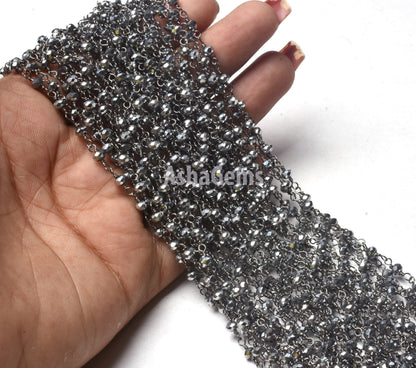 SALE AAA Silver Pyrite Hydro Faceted Rondelle Beads Rosary Chain,3 mm Black Plated Gunmetal Wire Wrap Handmade Chain Jewelry Necklace Making