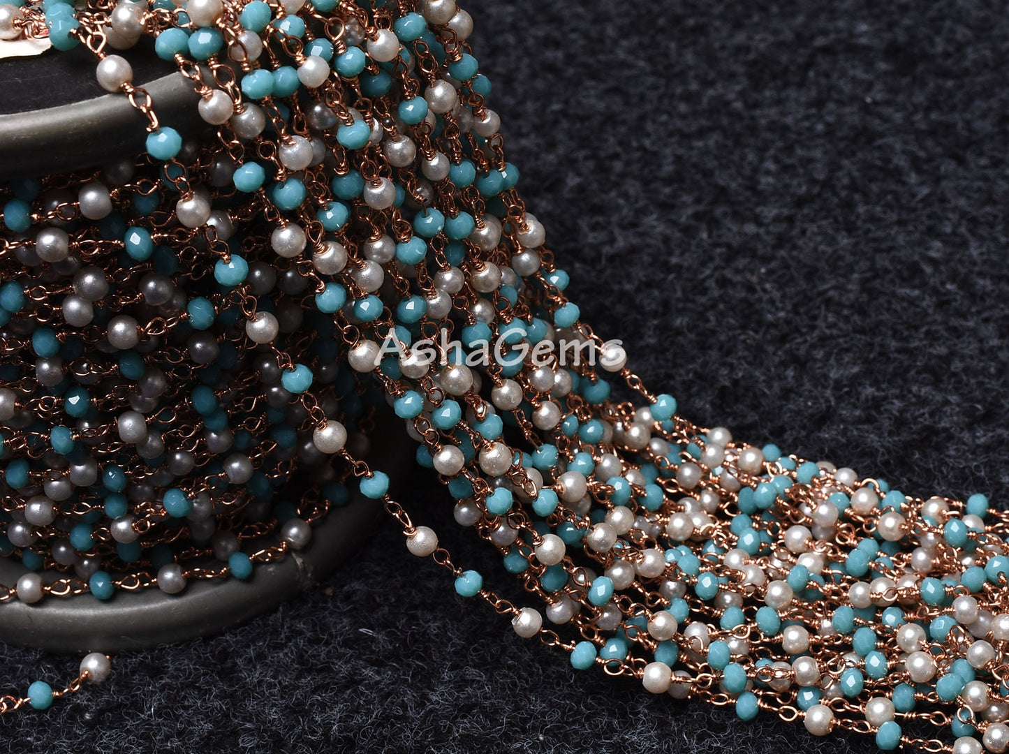 Beautiful Pearl, Blue Turquoise Hydro Rondelle Beads Rosary Chain Multi Color Beaded Rose Gold Plated Wire Roll Chain Jewelry Making Crafts