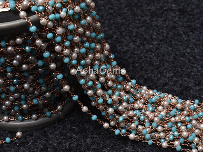 Beautiful Pearl, Blue Turquoise Hydro Rondelle Beads Rosary Chain Multi Color Beaded Rose Gold Plated Wire Roll Chain Jewelry Making Crafts