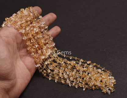 1,5,10,25 Feet Natural citrine Uncut Chip Beads Chain Gold Silver Plated Wire Wrapped Bulk Rosary Chain Citrine Uncut Beaded Chain Craft