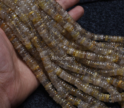 Natural Golden Rutile SmoothTyre Shape Beads,8 mm Rutile Plain Heishi Tyre Beads, Golden Rutile Beads Flat Wheel Shape Gemstone Bead Jewelry