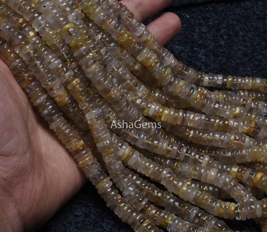 Natural Golden Rutile SmoothTyre Shape Beads,8 mm Rutile Plain Heishi Tyre Beads, Golden Rutile Beads Flat Wheel Shape Gemstone Bead Jewelry