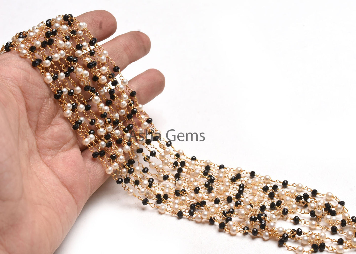 Beautiful Pearl Black Onyx Hydro Micro Cut Beads Rosary Chain, Gold Plated Wire wrap Bulk Rosary Chain By Foot Necklace Jewelry Making Chain