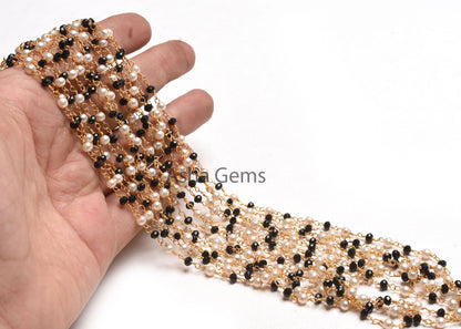 Beautiful Pearl Black Onyx Hydro Micro Cut Beads Rosary Chain, Gold Plated Wire wrap Bulk Rosary Chain By Foot Necklace Jewelry Making Chain