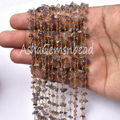 Natural Iolite Uncut Chip Beads Rosary Chain By Feet, Tiny Raw Rough Beaded Chain Gold Plated Wire Wrap Gemstone Chains Jewelry Making Craft