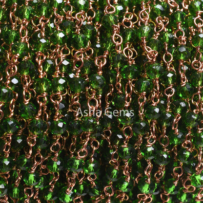 Rosary Chain, Green Chrome Diopside Hydro Faceted Beads Chain Rose Gold Plated Copper wire wrap rondelle Micro cut Beads Handmade Chain SALE