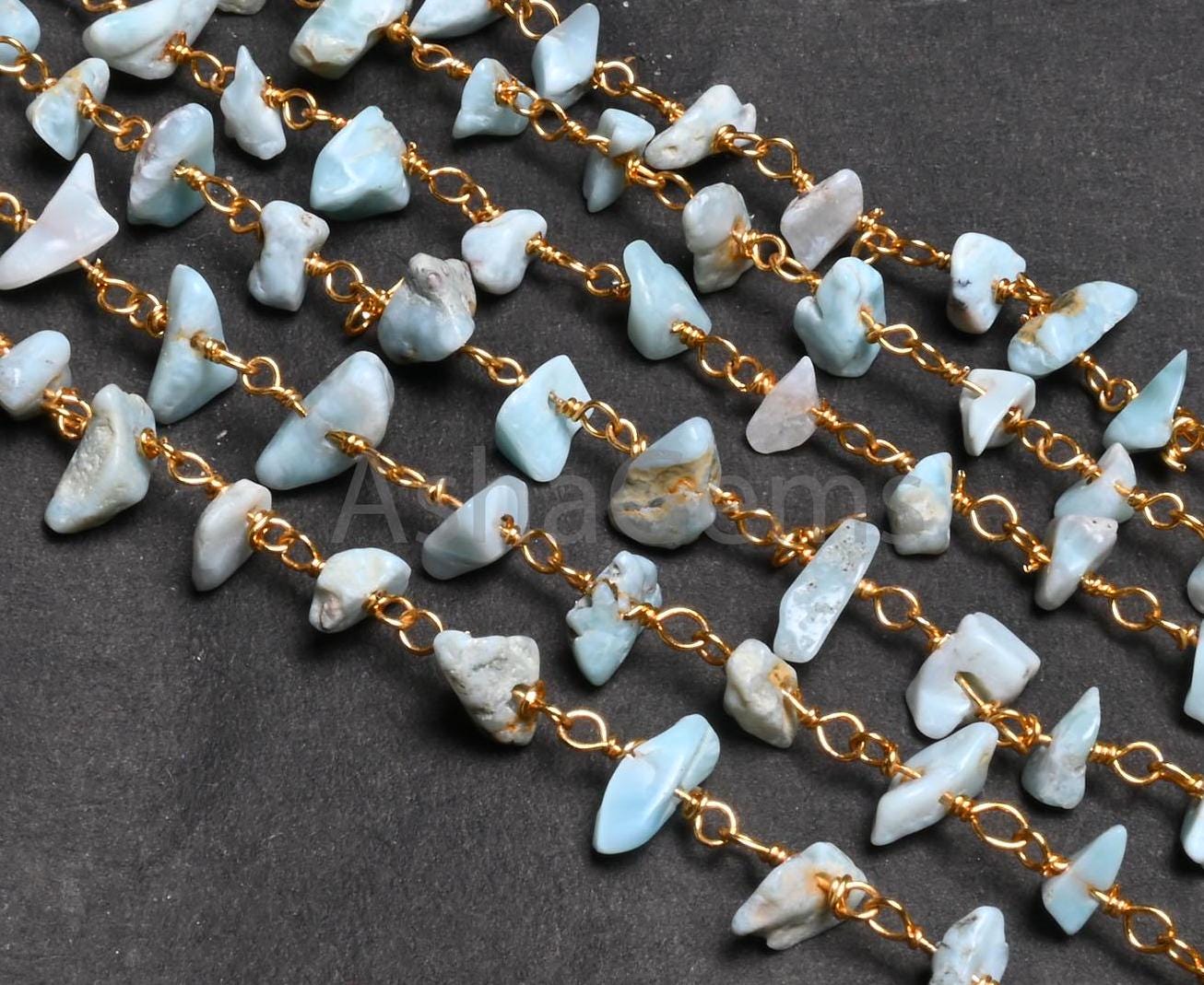 3,5,10,25,Ft Natural Blue Larimar Uncut Chip Beads Rosary Chain Gemstone Beads Chain,Smooth Nugget Beaded Chain,Gold Plated Wire,Finding,
