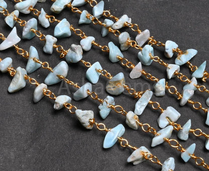 3,5,10,25,Ft Natural Blue Larimar Uncut Chip Beads Rosary Chain Gemstone Beads Chain,Smooth Nugget Beaded Chain,Gold Plated Wire,Finding,