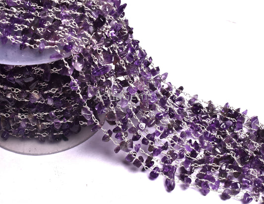 Nugget Rosary Chain,3,5,10 By Feet,Natural Purple African Amethyst Uncut Chips Beaded Rosary Chain,Gold,Silver Plated Wire,Chain,Bulk Roll