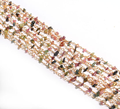 Beautiful Multi Tourmaline Uncut chips Chain, Natural Gemstone Uncut beads rosary chain Gold Plated wire Beaded Chain by Foot, Jewelry Craft