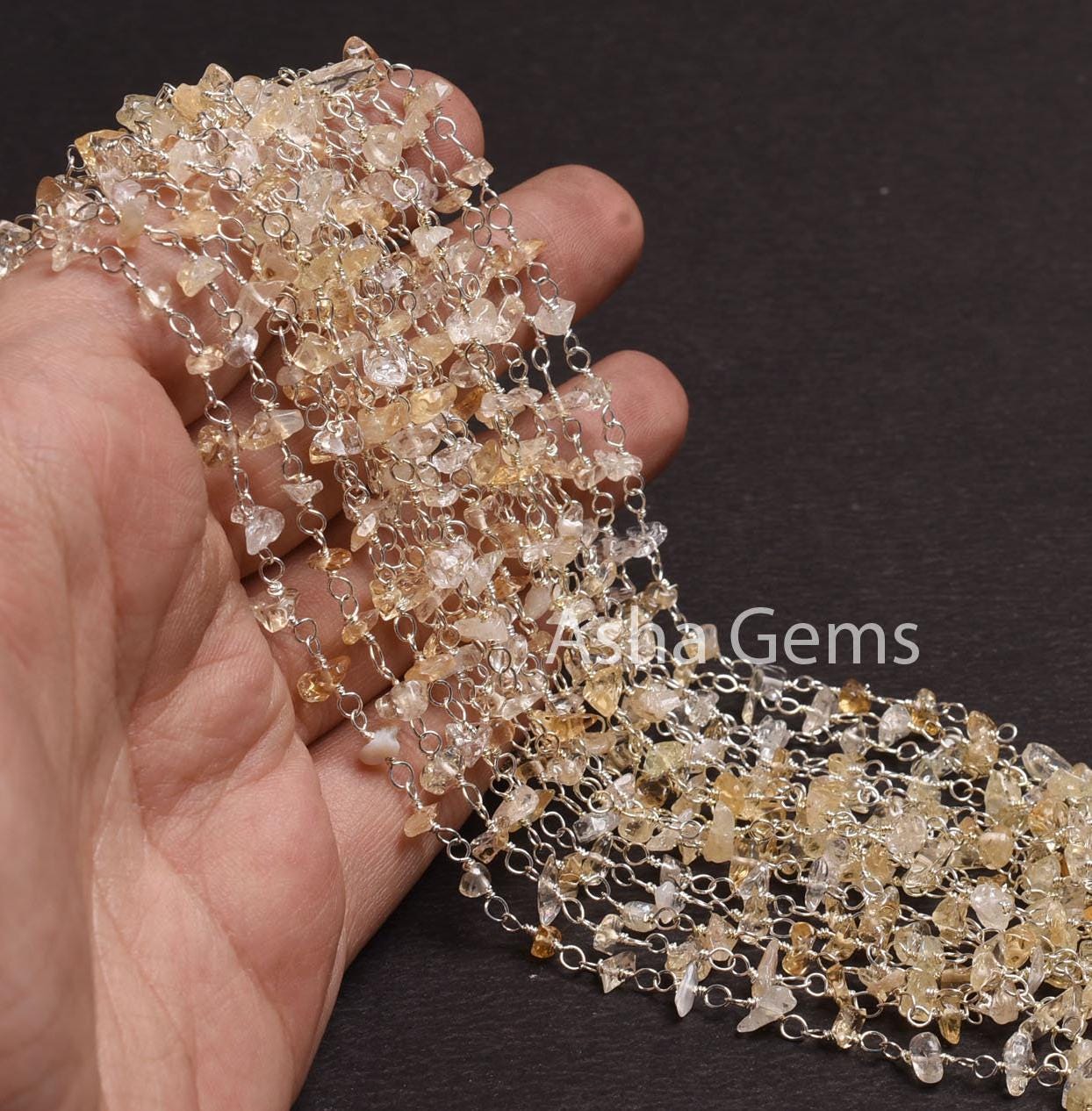 Natural Citrine Quartz Uncut Chip Beads Rosary Chain Silver Plated Wire Wrap Beaded handmade Chains,Gemstone Nugget Chain Jewelry Craft SALE