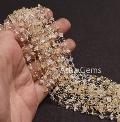 Natural Citrine Quartz Uncut Chip Beads Rosary Chain Silver Plated Wire Wrap Beaded handmade Chains,Gemstone Nugget Chain Jewelry Craft SALE