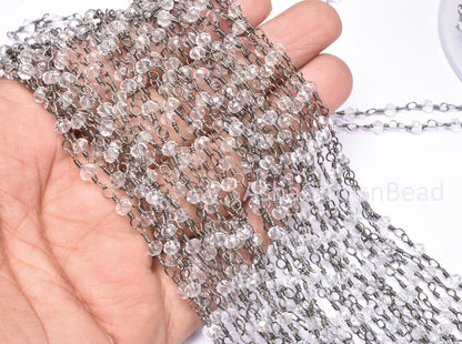 3,5,10,25 Feet,Crystal Quartz Hydro Rondelle Faceted Beads Rosary Chain, Black Plated Wire Jewelry Chain,Finding,3.5mm,Beaded Chain Gunmetal