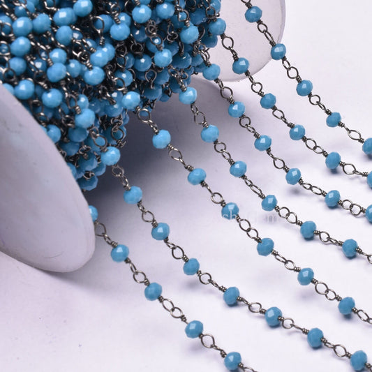 Rosary Chain Blue Turquoise Hydro Beads handmade Chain,3mm Gunmetal Wire Wrap Beaded Faceted Rondelle Chain Rosary Jewelry Making Craft SALE
