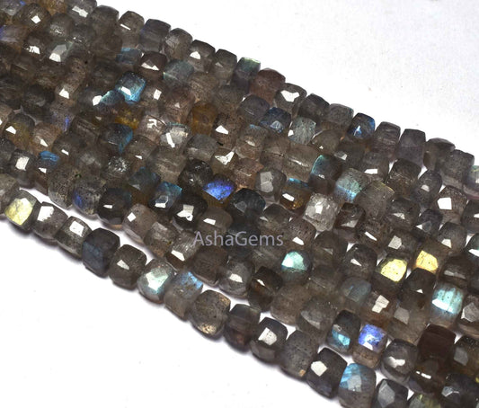 7" Strand labradorite Box Shape Beads, Natural Fire Labradorite Faceted 3D Cube Box Beads,4.5-5mm Black Rainbow cube Beads For Jewelry Craft