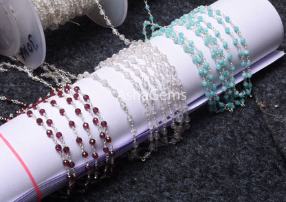 92.5 Silver Rosary chain Wire Wrapped Natural garnet Crystal Amazonite Faceted Beads Chain Real Silver gemstone Beaded rosary chains Jewelry