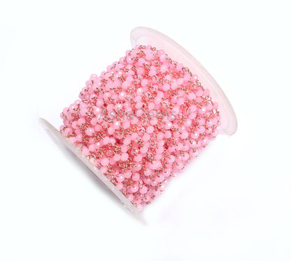 Beautiful Pink Rose Quartz Hydro Faceted Rondelle Beads Chain Bulk Roll Rosary Chain Rose Gold Plated Copper Wire Wrapped Chain Jewelry SALE