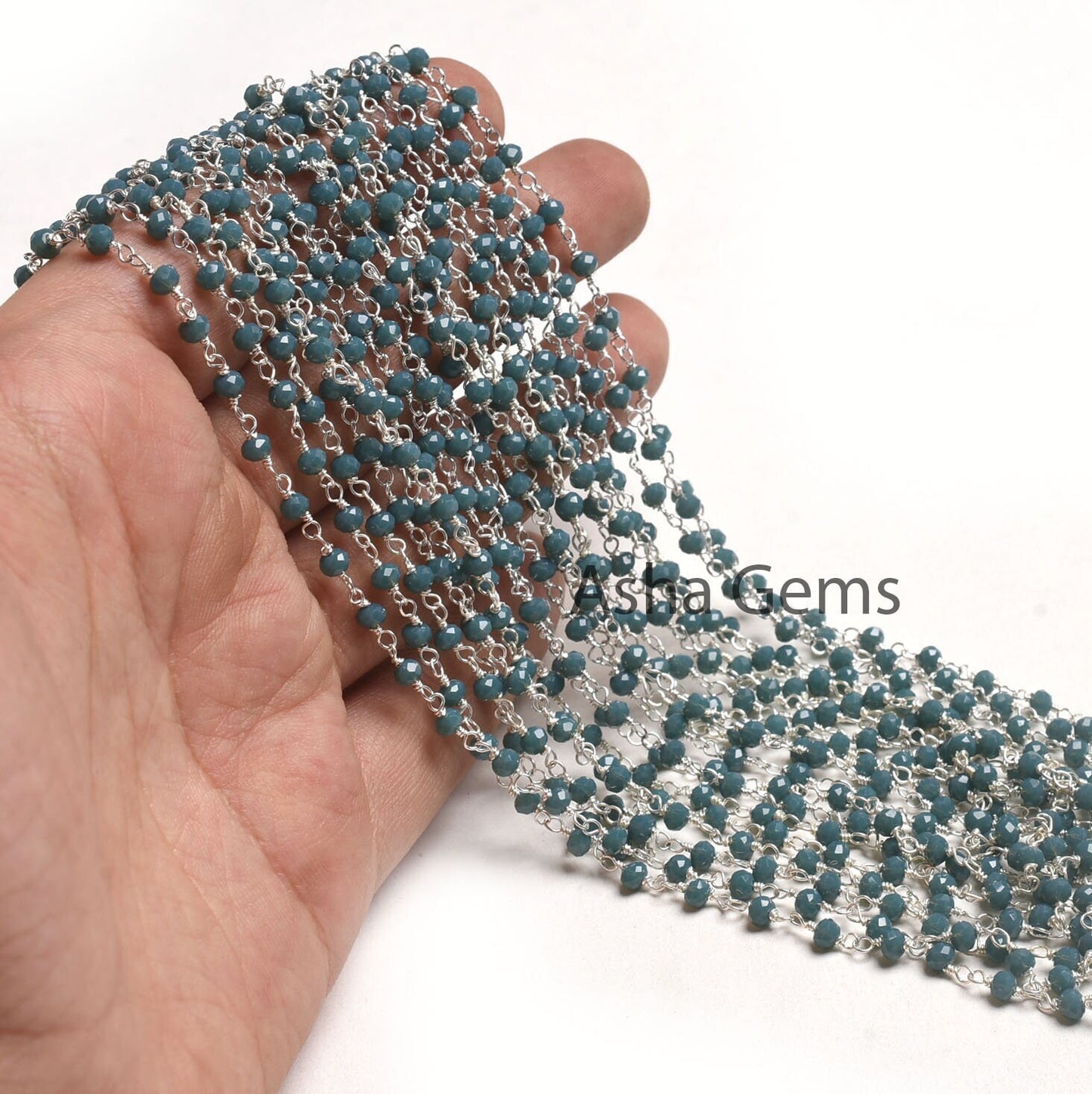 1,5,25, Ft Chain, Light Neon Blue Apatite Hydro Silver Plated Rosary Chain, Faceted Micro Cut Beads Chain Wire Bulk Finding Chain Jewelry