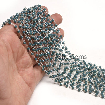 1,5,25, Ft Chain, Light Neon Blue Apatite Hydro Silver Plated Rosary Chain, Faceted Micro Cut Beads Chain Wire Bulk Finding Chain Jewelry