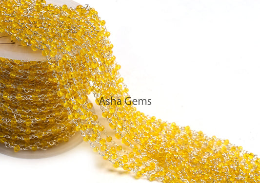 3,5,10,25 Ft,Lemon Quartz Hydro Rondelle Faceted Beaded Rosary Chain,Silver plated Chain,Jewelry Making Crafts,Finding,3-3.5 mm,Beads Chain