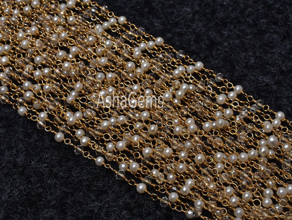 5,10,50 Foot Pearl Clear Crystal Quartz Hydro Faceted Rondelle Beads Rosary Chain Gold Plated Wire Beaded Chain,Finding Jewelry Making Craft