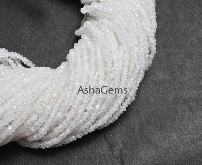 Natural Rainbow Moonstone Faceted Rondelle Shape Beads,13" Strand Blue Fire Rainbow Indian Machine Cut Beads, AAA White rainbow Bead Jewelry (AG-15179)