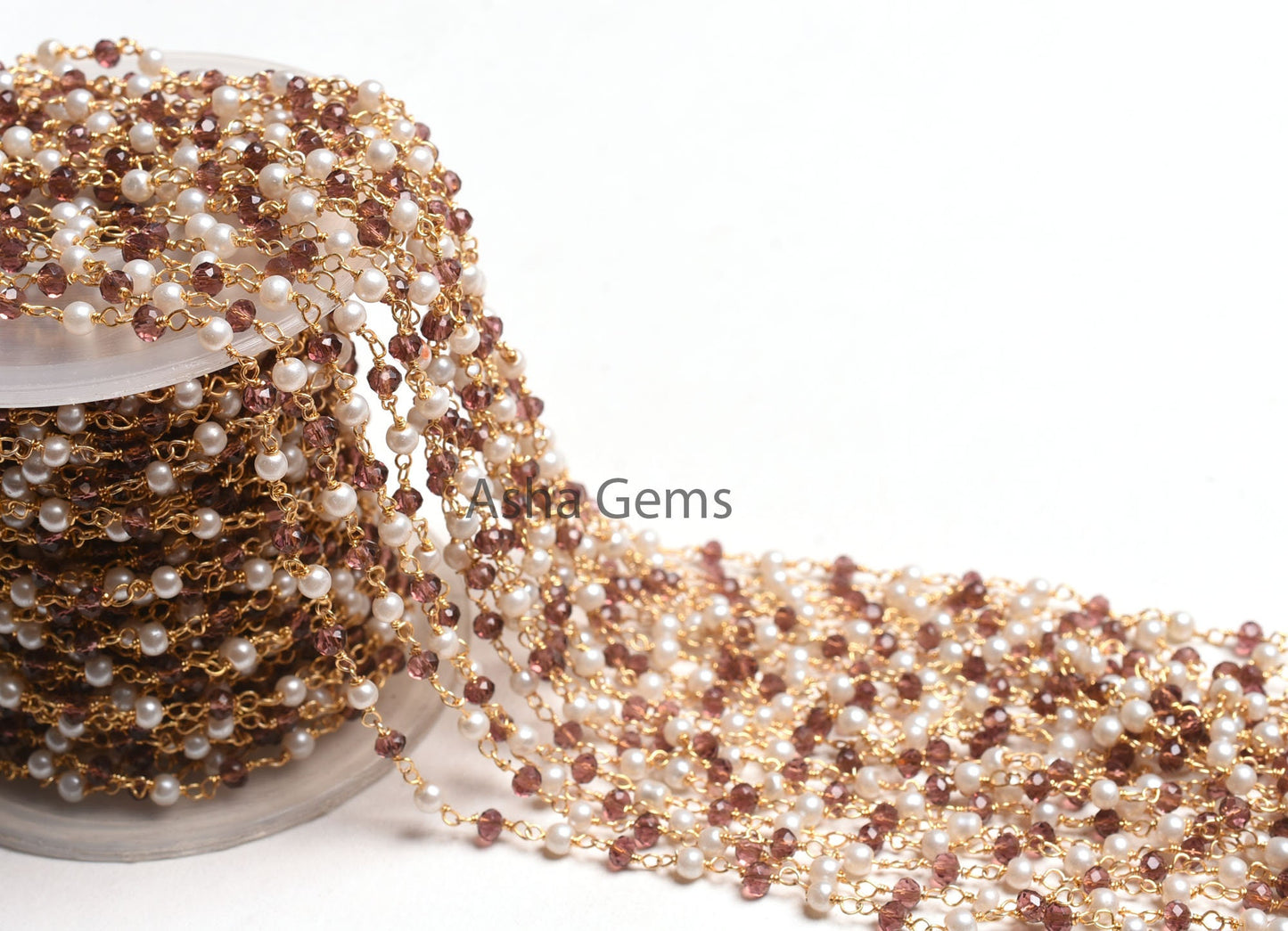 Rosary Chain by Foot Pearl Garnet Hydro Faceted Beads Chain Gold Plated Wire Bulk Roll Jewelry Making Rondelle Beaded Rosary Chain Craft DIY