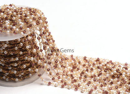 Rosary Chain by Foot Pearl Garnet Hydro Faceted Beads Chain Gold Plated Wire Bulk Roll Jewelry Making Rondelle Beaded Rosary Chain Craft DIY