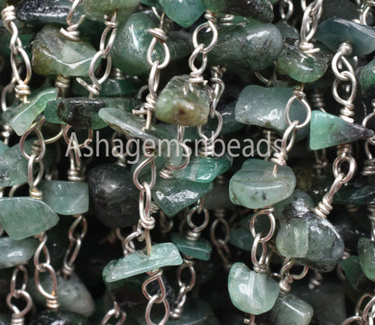 Natural Green Malachite Uncut Chip Beads Rosary Chain Silver, Gold Plated Wire Bulk roll chain Wholesale Beaded Rosary For Necklace Jewelry