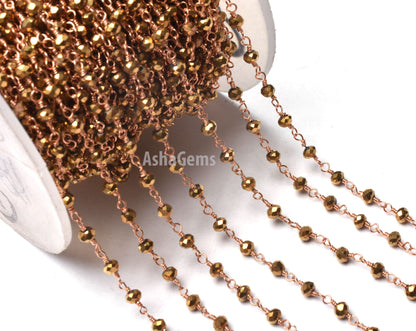 3,5,10,50 Feet Gold Pyrite Hydro Faceted Rondelle Beaded Rosary Chain,3mm,Rose Gold Plated,Wire Wrapped ,Finding,Jewelry Making,Rosary Chain