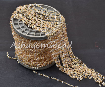 1,3,5,10,50 Ft,Clear Crystal Quartz Hydro Faceted Rondelle Beads Rosary Chain,3mm,Gold Plated Wire,Beaded Chain,Finding,Jewelry Making,Craft