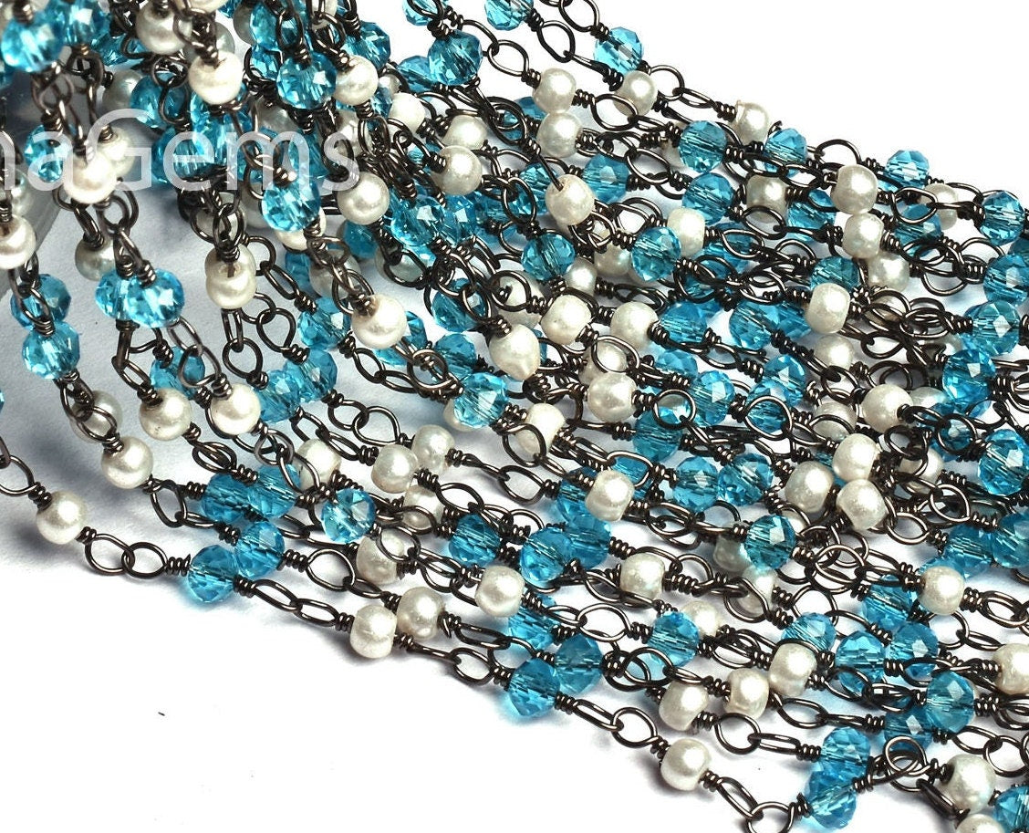White Pearl, Blue Topaz Hydro Beads Rosary Chain Black Plated Wire Wrap Chain Faceted Rondelle Beaded Chain Jewelry Making Finding Chain DIY