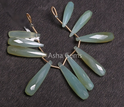 Fine Sea Green Chalcedony faceted Long Drops Gemstone Beads, Both Side Loop Opaque Aqua Chalcedony Fancy Pencil Teardrop Bead Jewelry Crafts