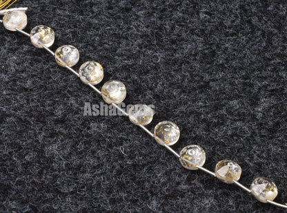 10 Pc Crystal Quartz Gold Foil Doublet Round Faceted Beads, Gold Foil Quartz Doublet Cut Stone Side Drill Beads, Gemstone Faceted Cabochons