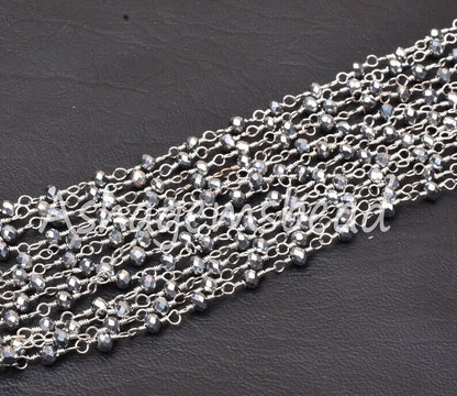 SALE 3,5,10 Feet,Silver Pyrite Hydro Faceted Rondelle Beaded Rosary Chain Silver Plated,Jewelry Making, Finding,Wire Wrapped Chain,3-3.5 mm